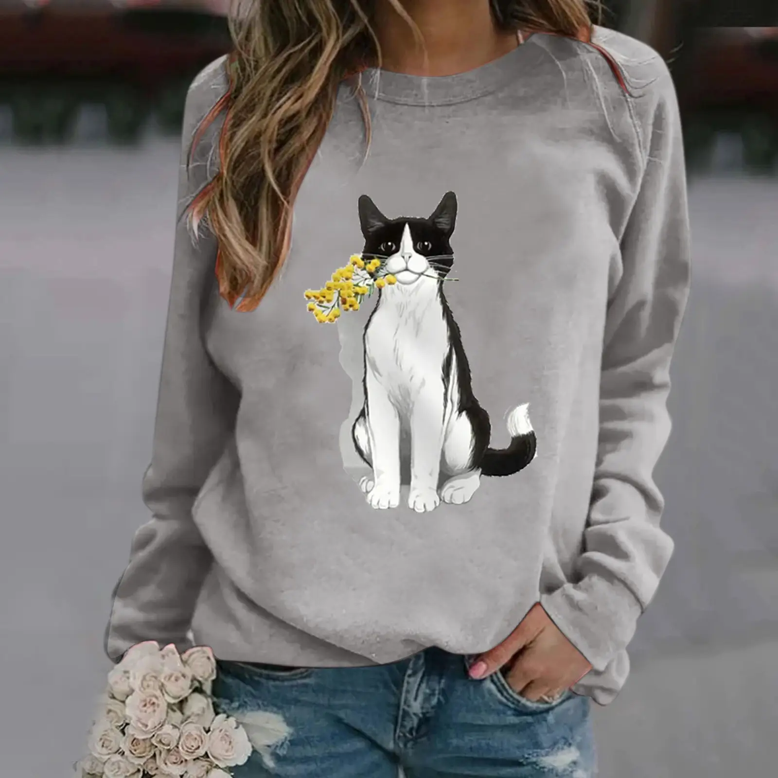 Women Green Cat Print Sweatshirt 2021 Spring Autumn - Image 6