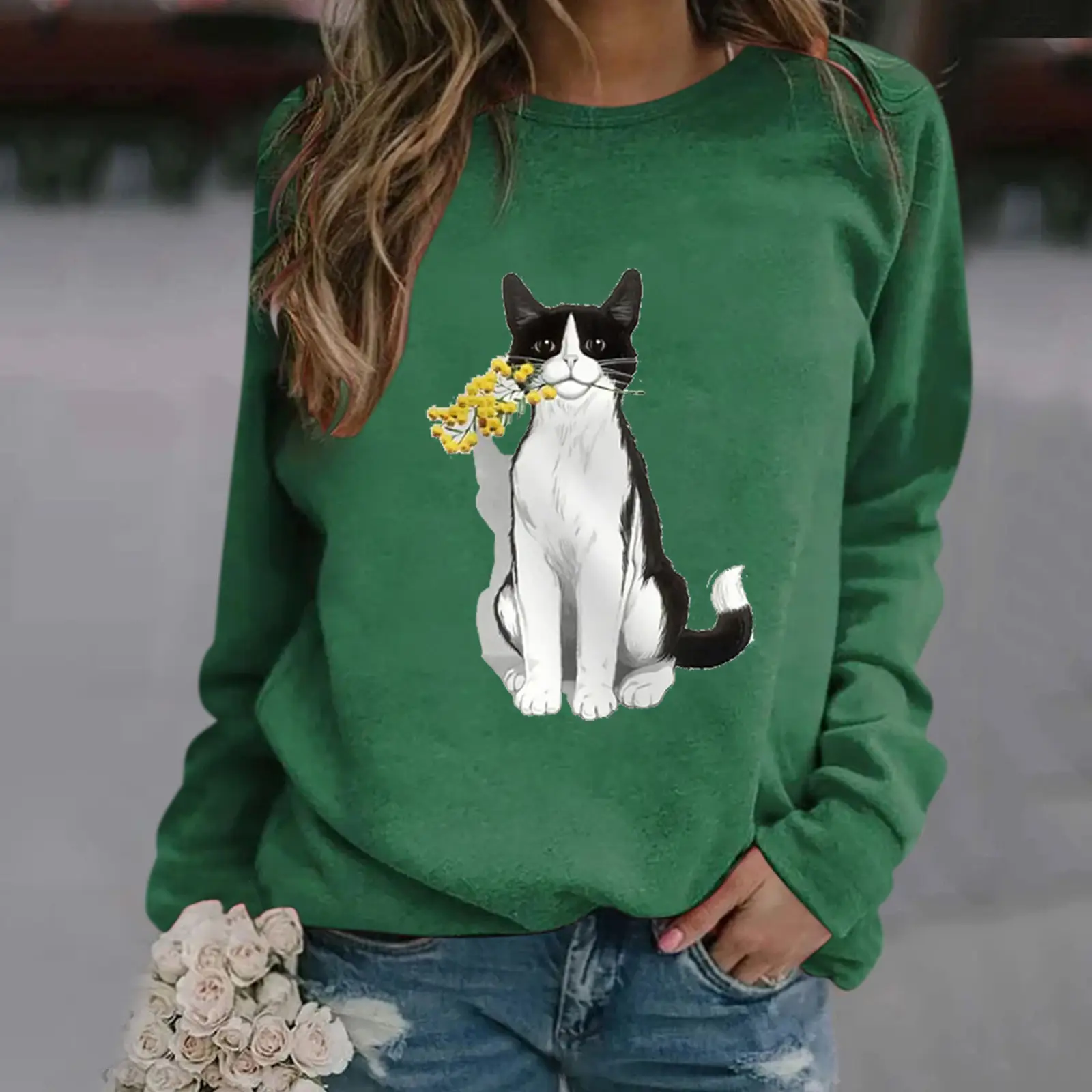 Women Green Cat Print Sweatshirt 2021 Spring Autumn - Image 7
