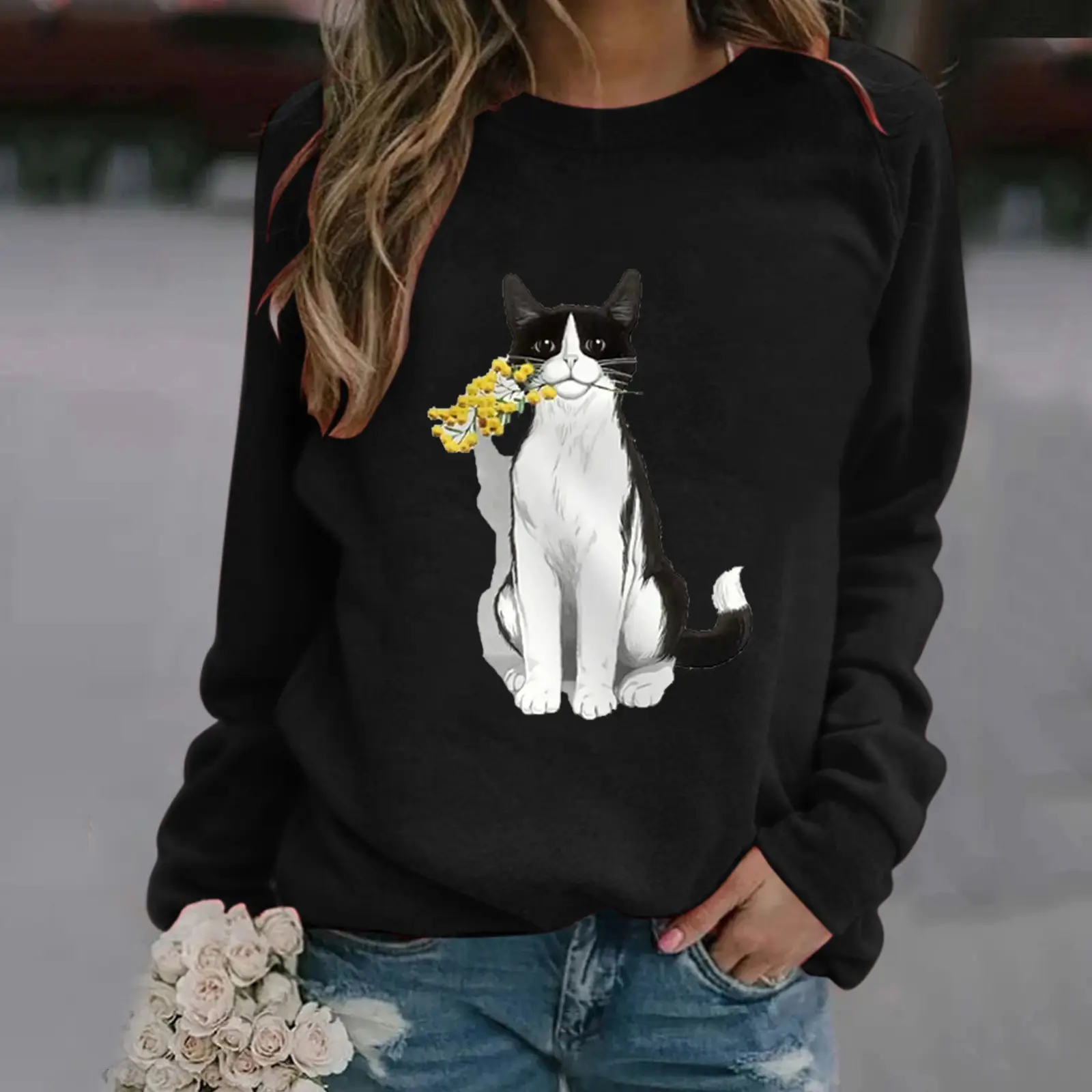 Women Green Cat Print Sweatshirt 2021 Spring Autumn - Image 8