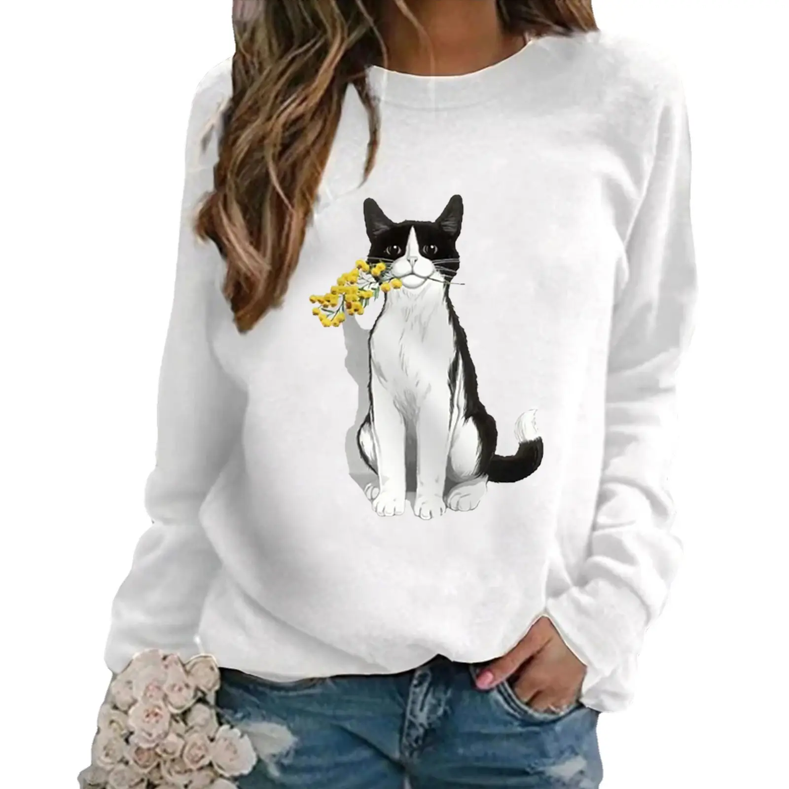 Women Green Cat Print Sweatshirt 2021 Spring Autumn - Image 9