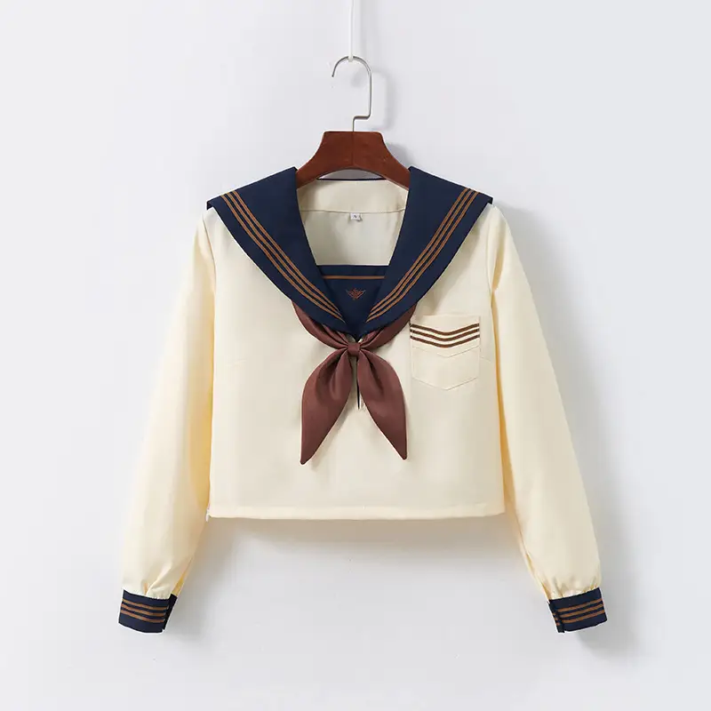 Women's Cream Navy V-Neck School Shirt with Tie Front - Image 14