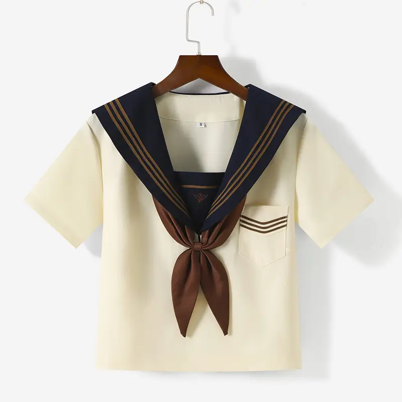Women's Cream Navy V-Neck School Shirt with Tie Front - Image 2