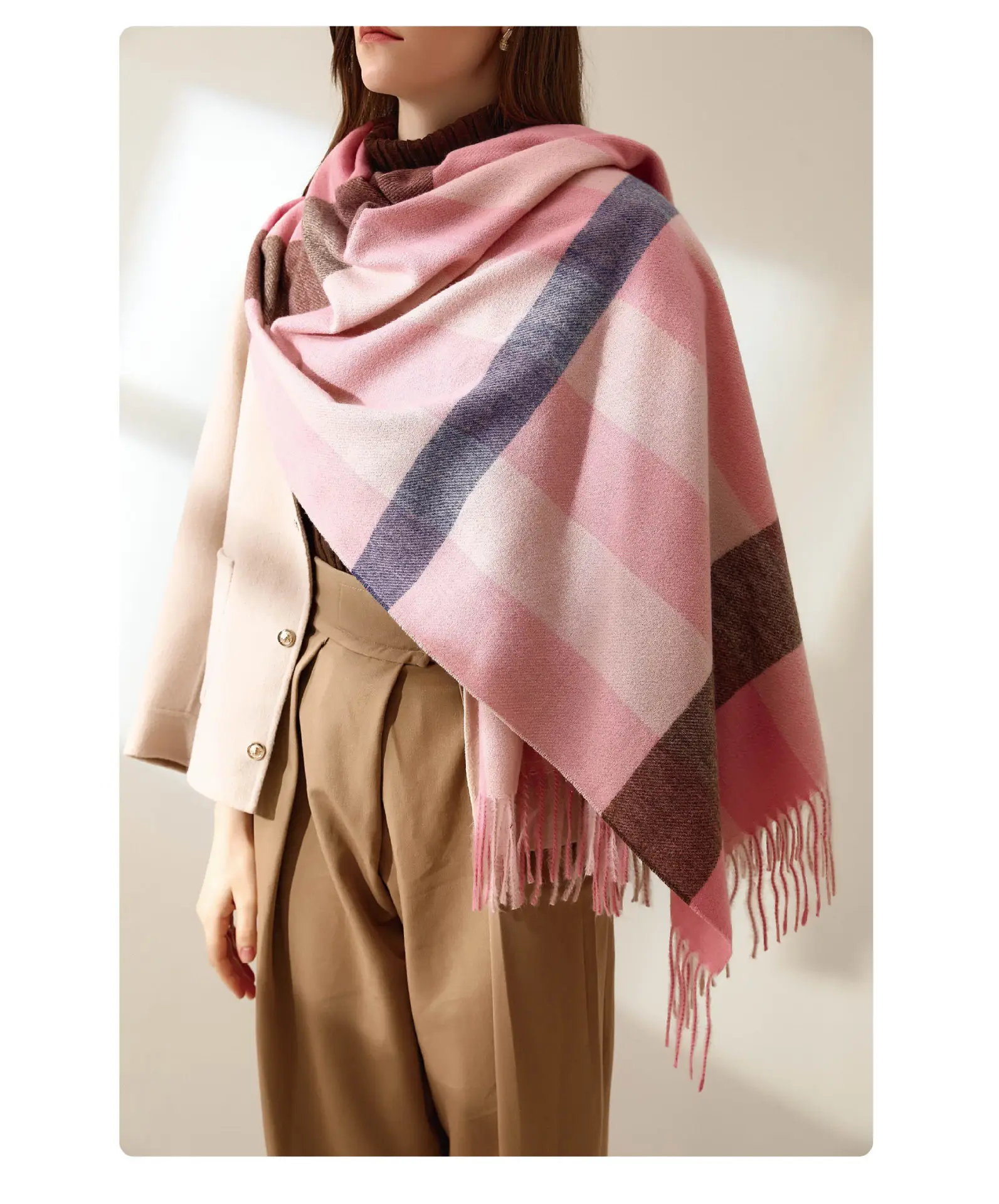 Women Winter Plaid Tassel Scarf Warm Cashmere — feature 14