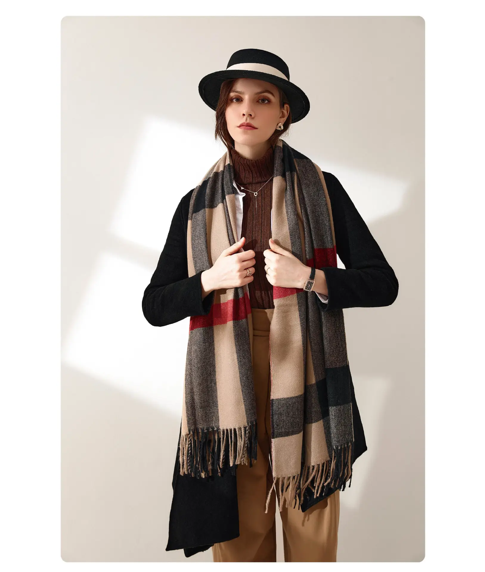 Women Winter Plaid Tassel Scarf Warm Cashmere — feature 16