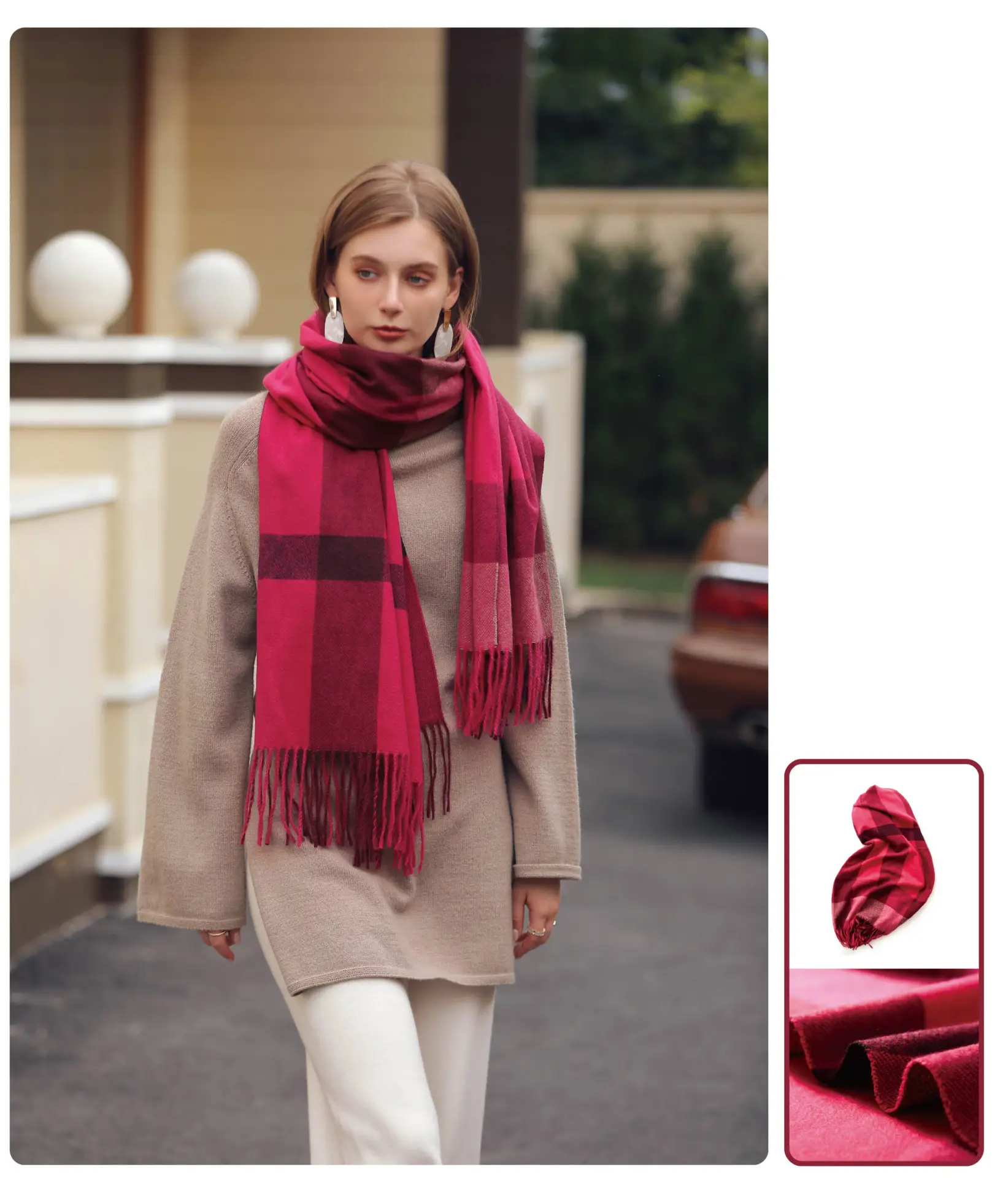 Women Winter Plaid Tassel Scarf Warm Cashmere — feature 9