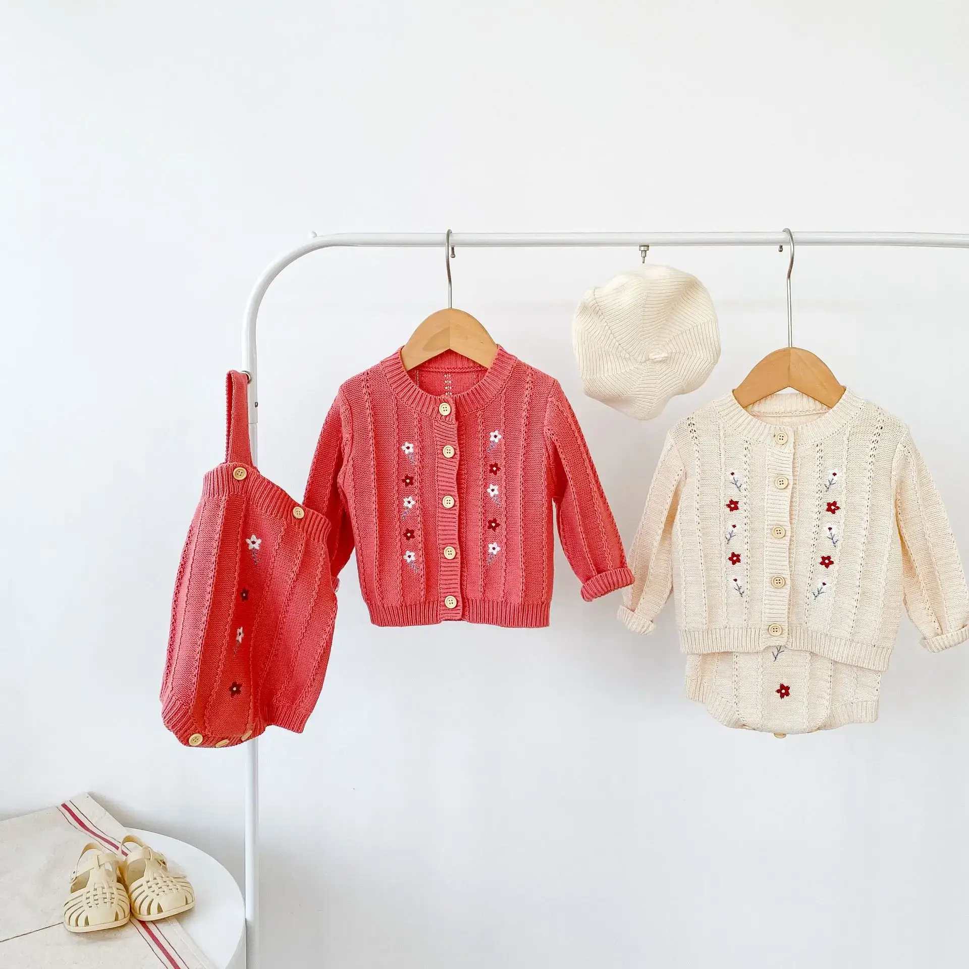 Red Embroidered Baby Suit Two-Piece Knitted Set - Image 6