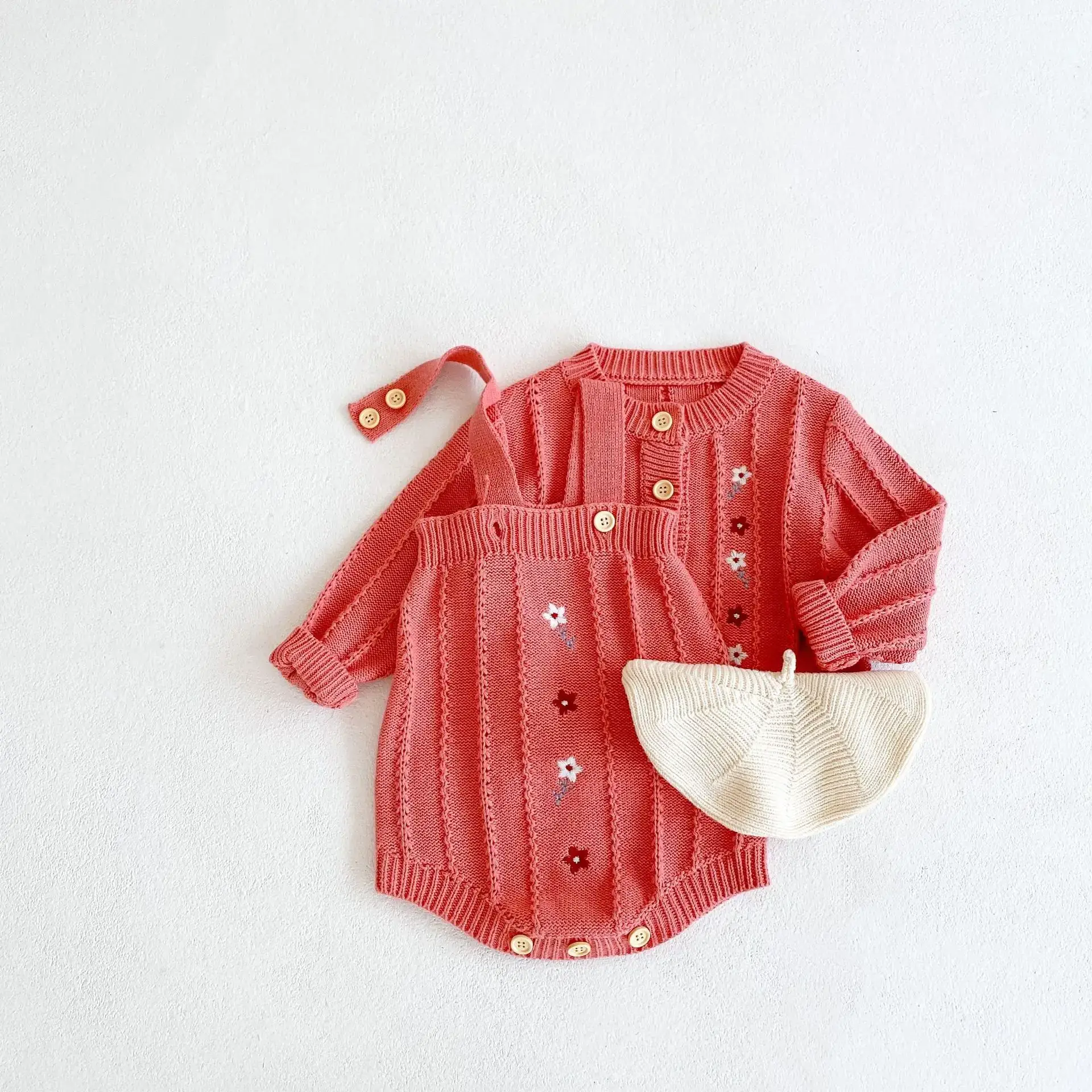 Red Embroidered Baby Suit Two-Piece Knitted Set - Image 7