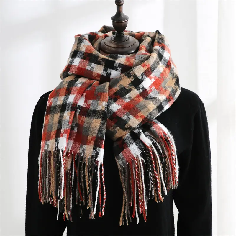 2023 New Plaid Tassel Shawl Women Winter Warm - Image 2