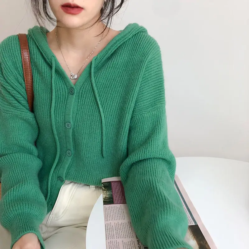 Green Knitted Hooded Cardigan for Women - Image 2