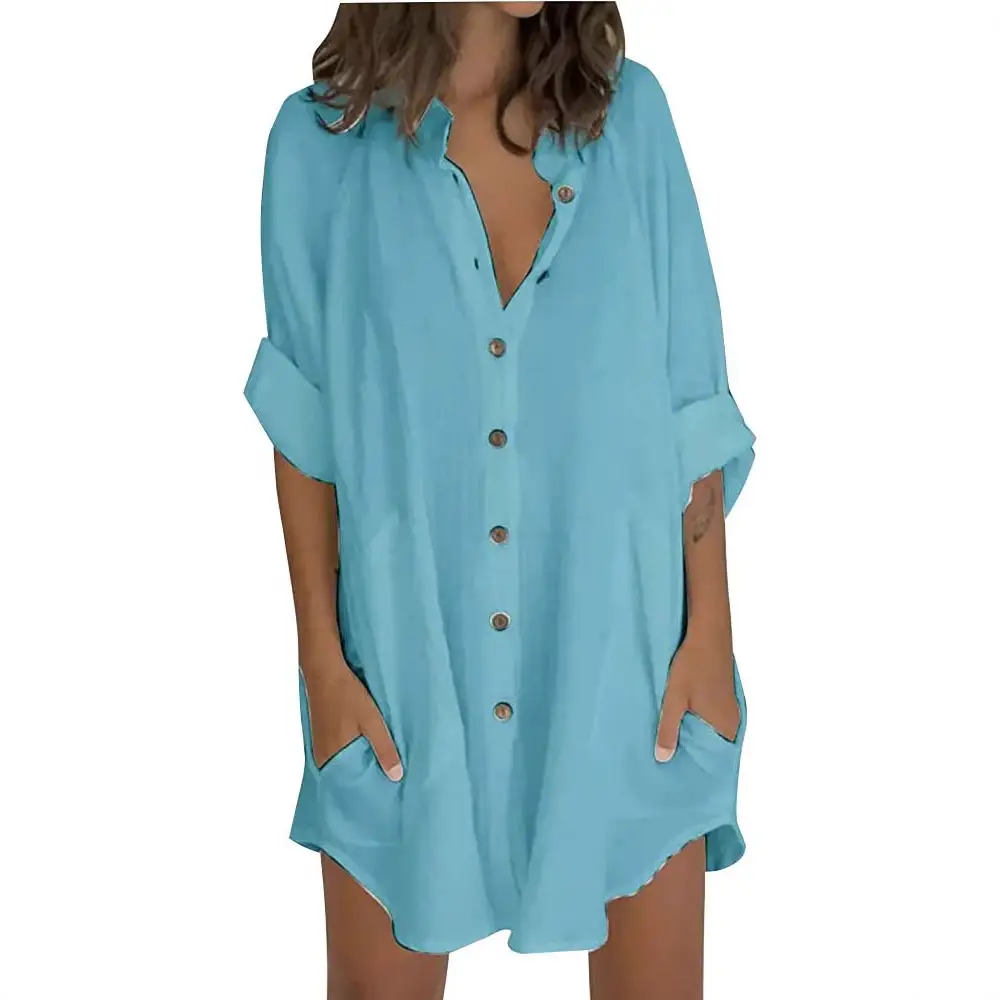 Women's Long Sleeve Button Front Shirt Blue Cotton Linen - Image 5