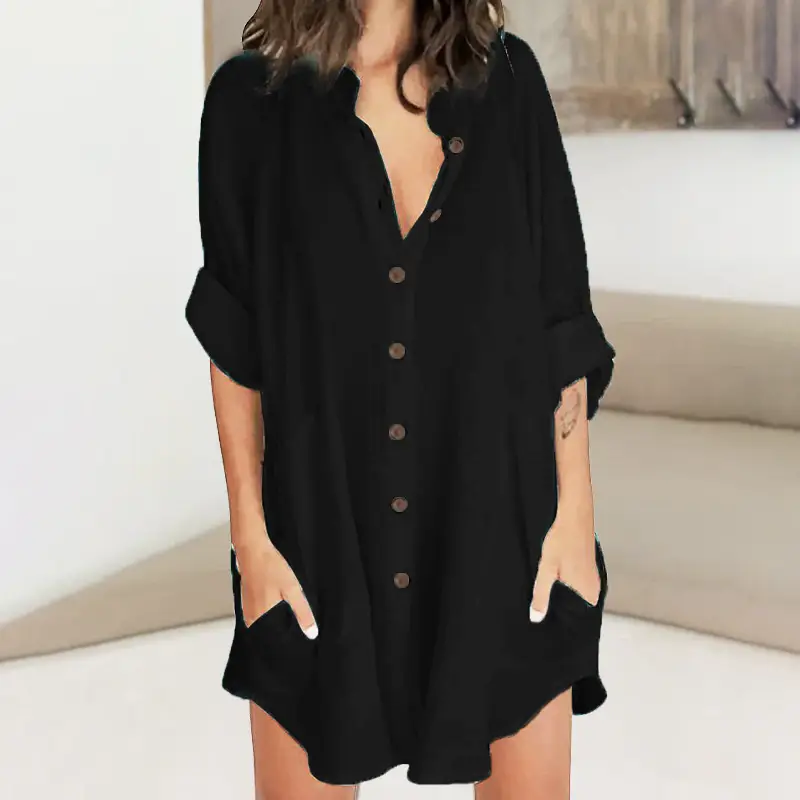 Women's Long Sleeve Button Front Shirt Blue Cotton Linen - Image 6