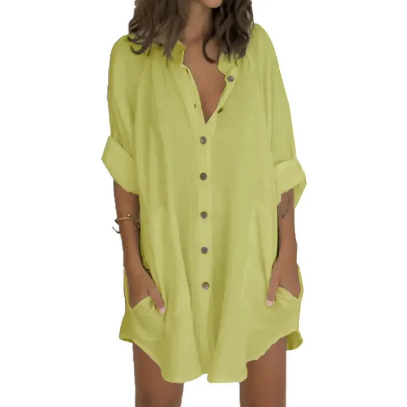 Women's Long Sleeve Button Front Shirt Blue Cotton Linen - Image 7