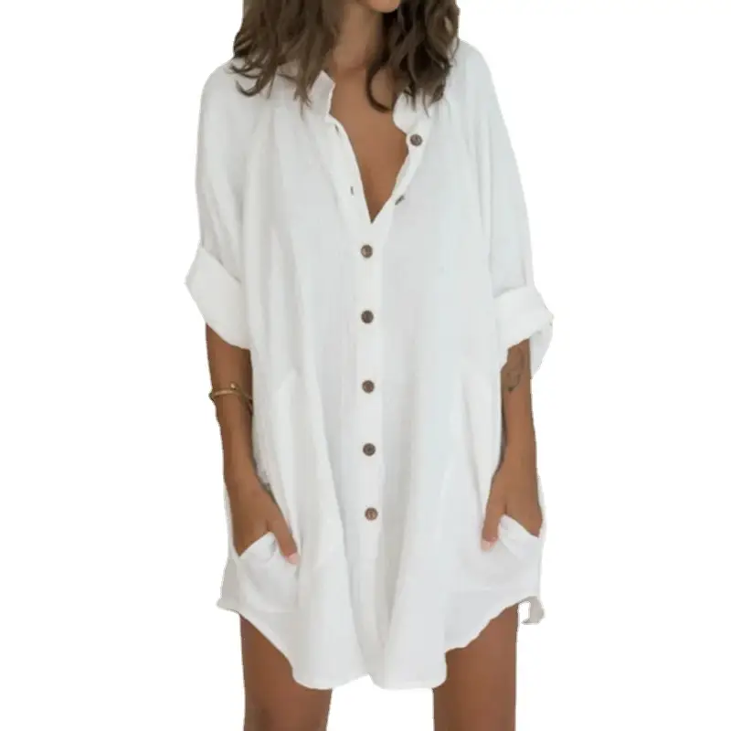 Women's Long Sleeve Button Front Shirt Blue Cotton Linen - Image 8
