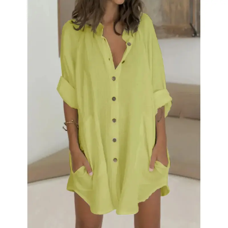 Women's Long Sleeve Button Front Shirt Blue Cotton Linen - Image 2