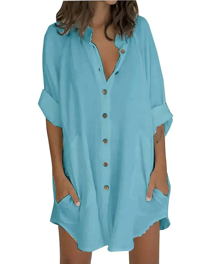 Women's Long Sleeve Button Front Shirt Blue Cotton Linen - Image 3