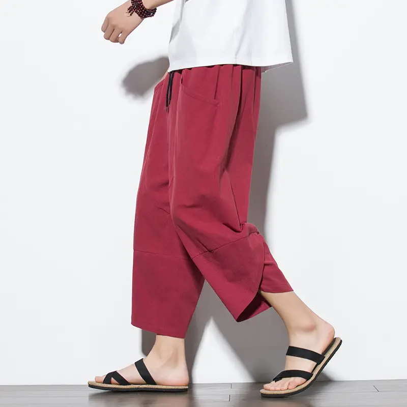 Men's Cotton Linen Loose Capri Pants Maroon Large - Image 7