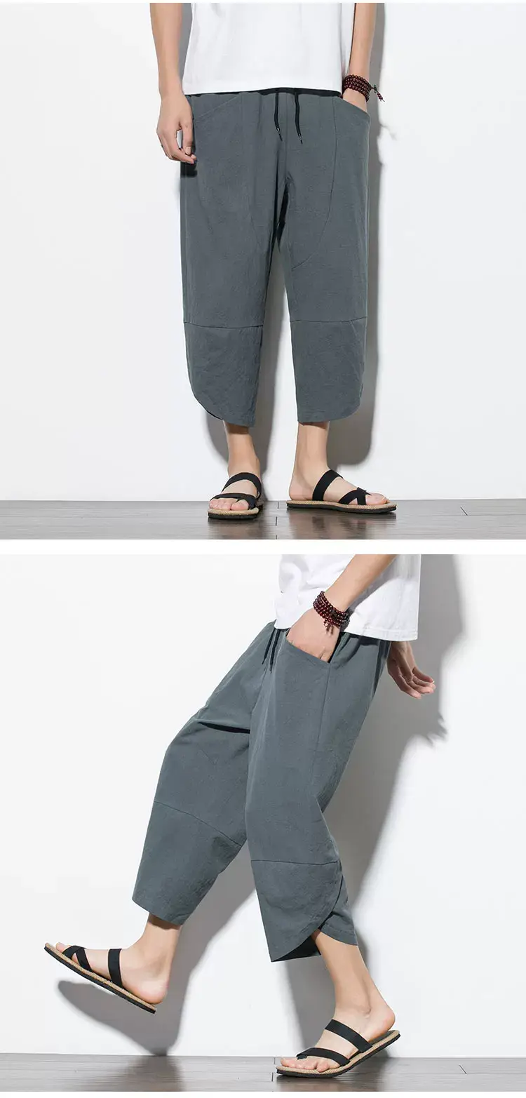 Men's Cotton Linen Loose Capri Pants Maroon Large — feature 12