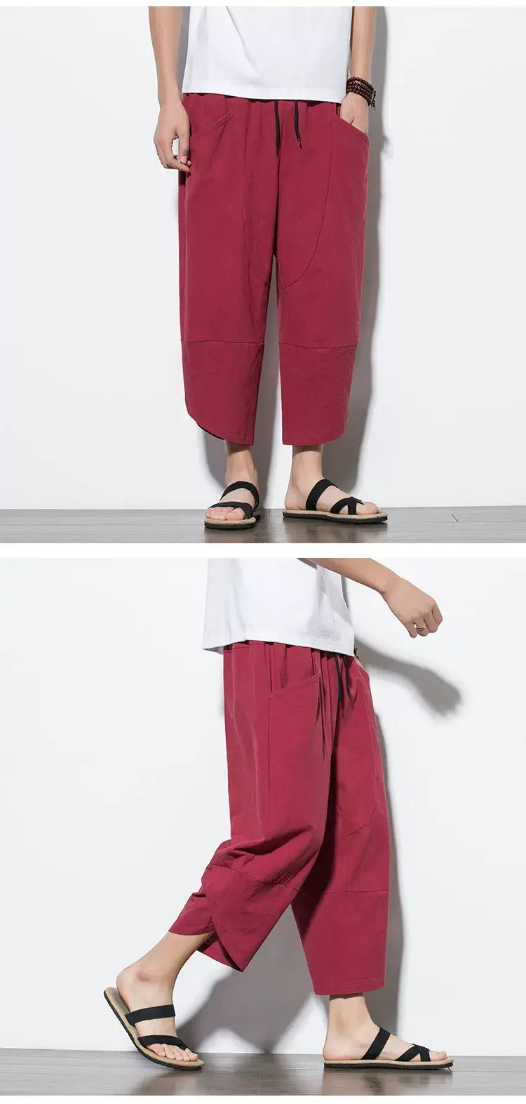 Men's Cotton Linen Loose Capri Pants Maroon Large — feature 16