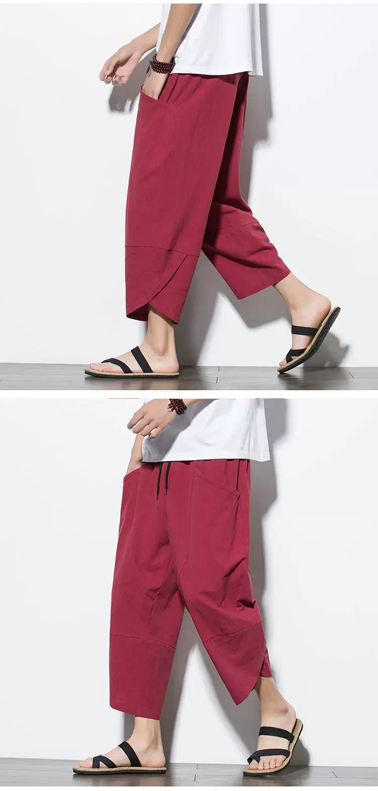 Men's Cotton Linen Loose Capri Pants Maroon Large — feature 17