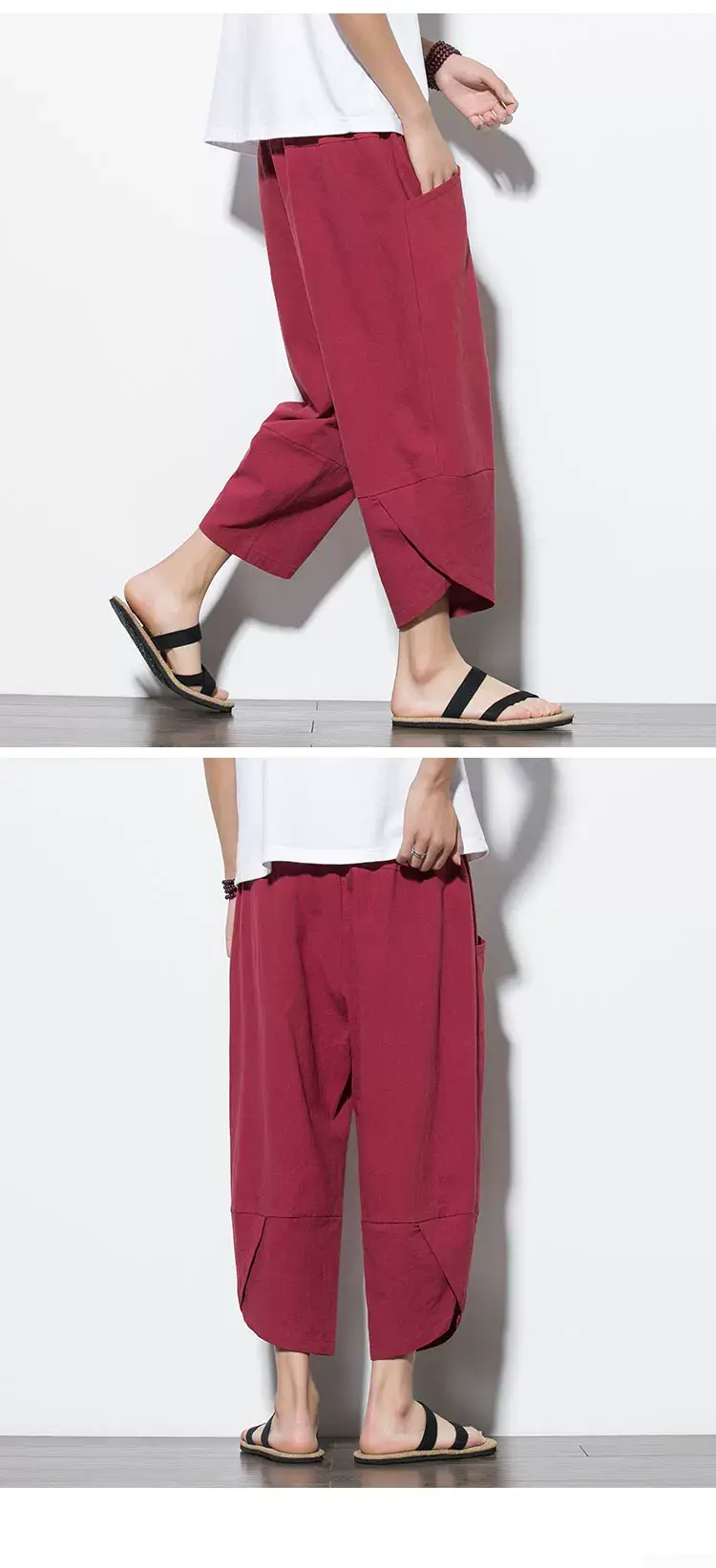 Men's Cotton Linen Loose Capri Pants Maroon Large — feature 18