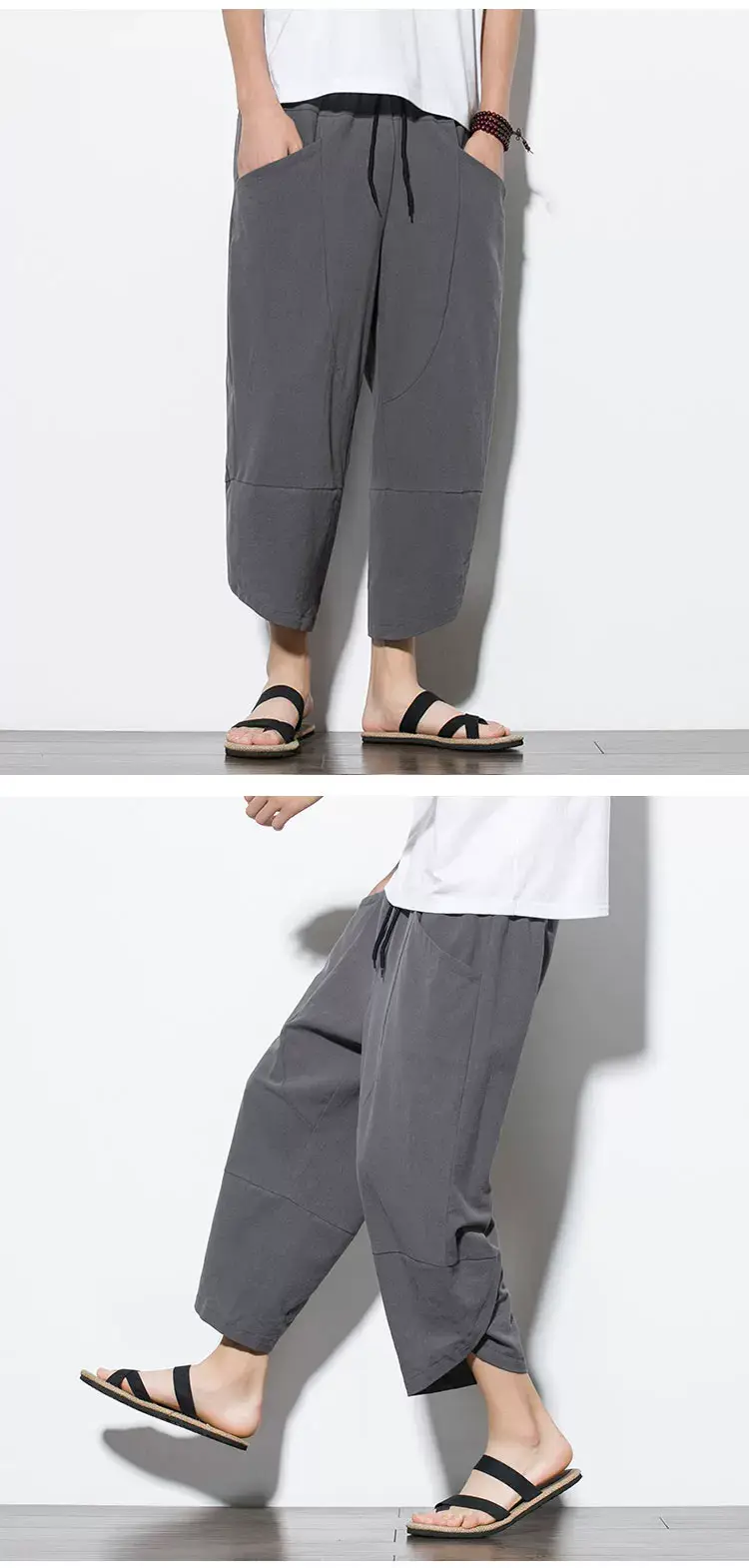 Men's Cotton Linen Loose Capri Pants Maroon Large — feature 20