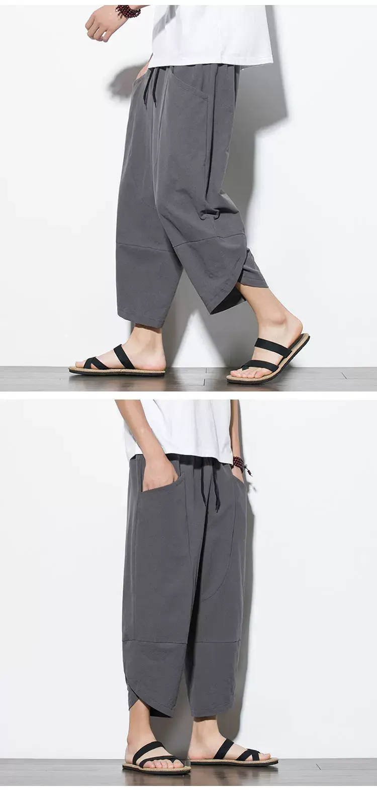 Men's Cotton Linen Loose Capri Pants Maroon Large — feature 21