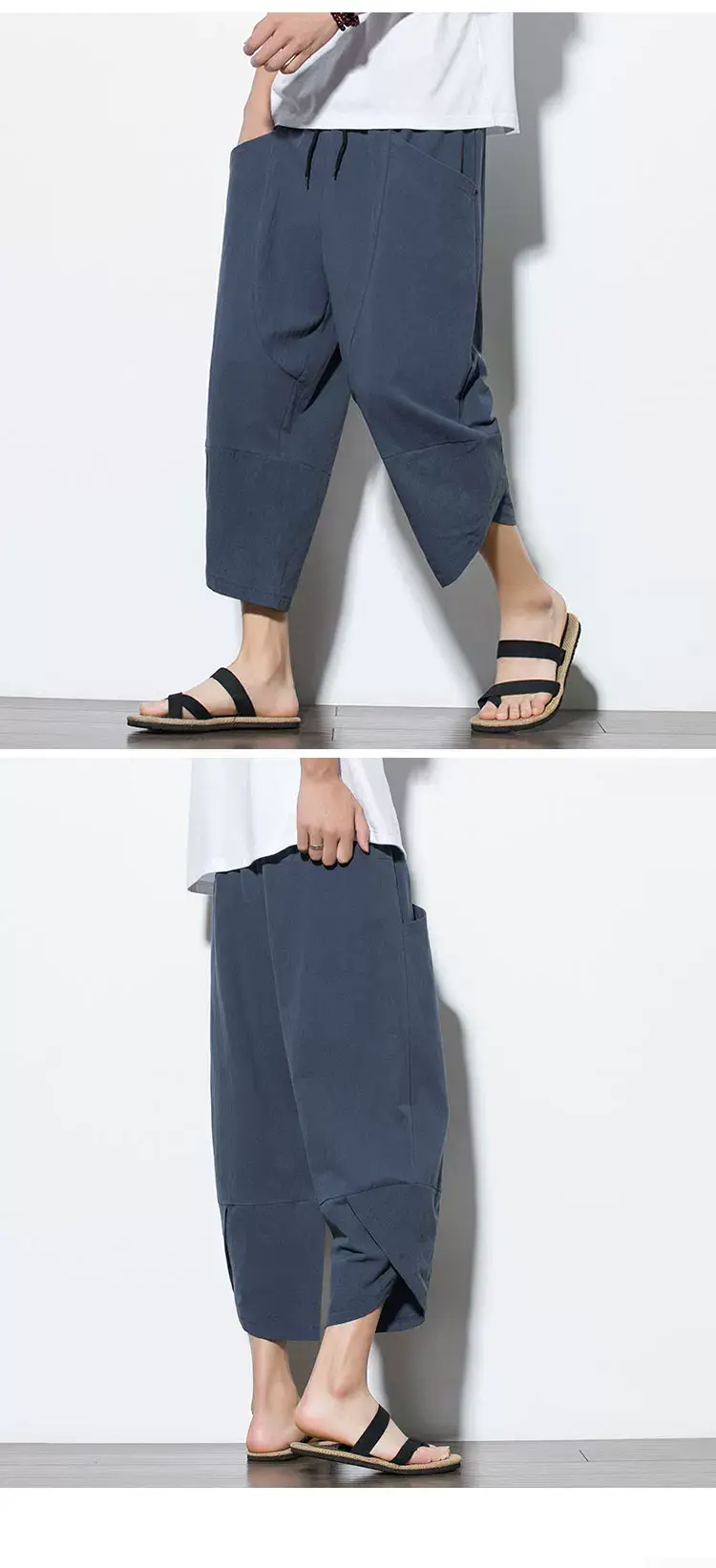 Men's Cotton Linen Loose Capri Pants Maroon Large — feature 6
