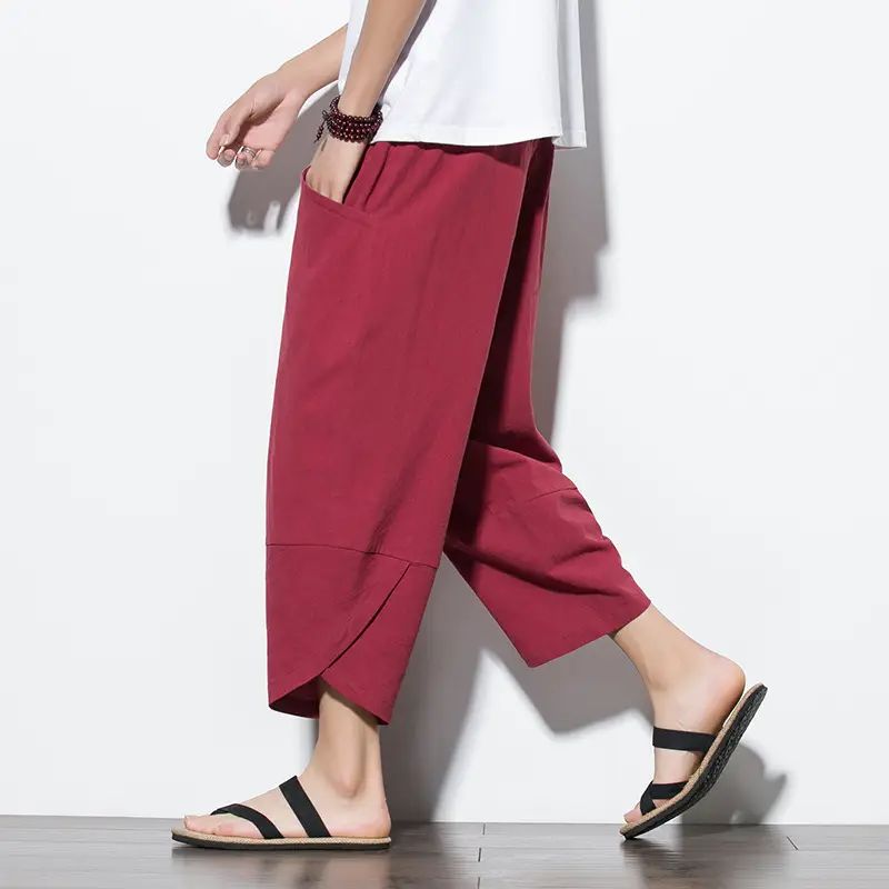 Men's Cotton Linen Loose Capri Pants Maroon Large - Image 2