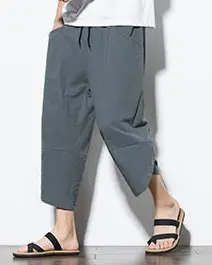 Men's Cotton Linen Loose Capri Pants Maroon Large - Image 6
