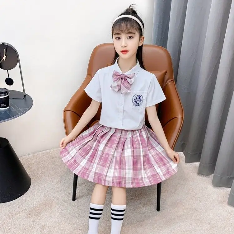 Girls Plaid Skirt Set with Bow & White Socks - Image 12
