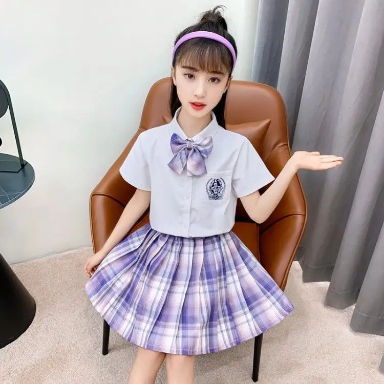 Girls Plaid Skirt Set with Bow & White Socks - Image 13
