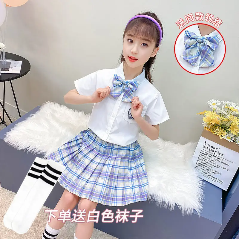 Girls Plaid Skirt Set with Bow & White Socks - Image 14