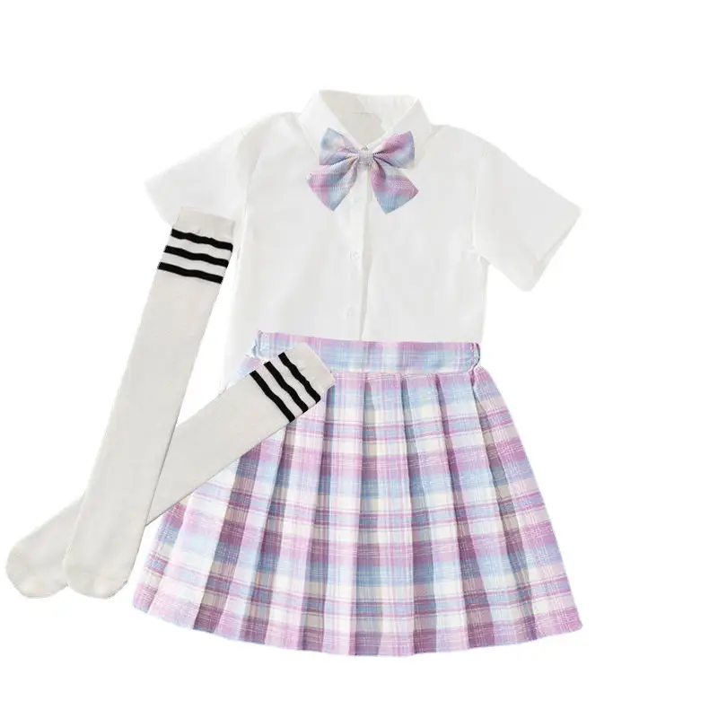 Girls Plaid Skirt Set with Bow & White Socks - Image 15