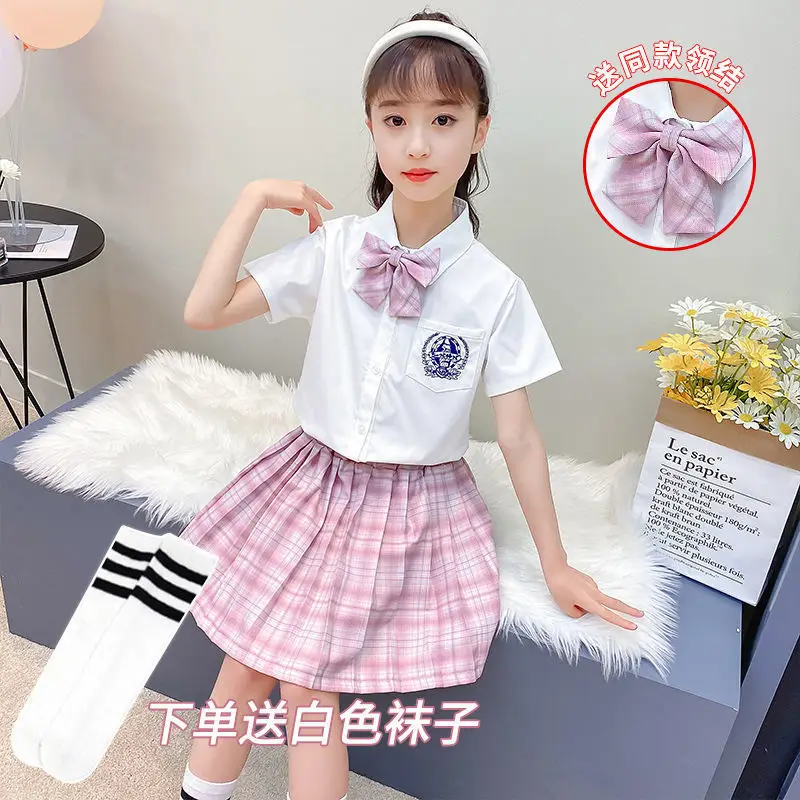 Girls Plaid Skirt Set with Bow & White Socks - Image 10