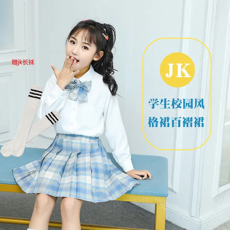 Girls Plaid Skirt Set with Bow & White Socks - Image 5