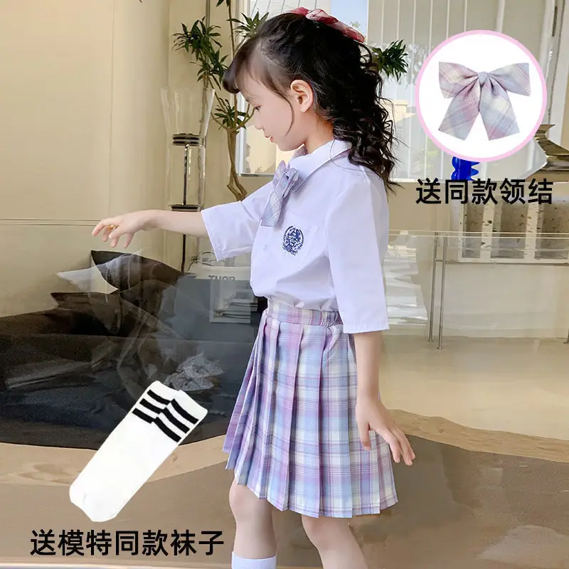 Girls Plaid Skirt Set with Bow & White Socks - Image 6