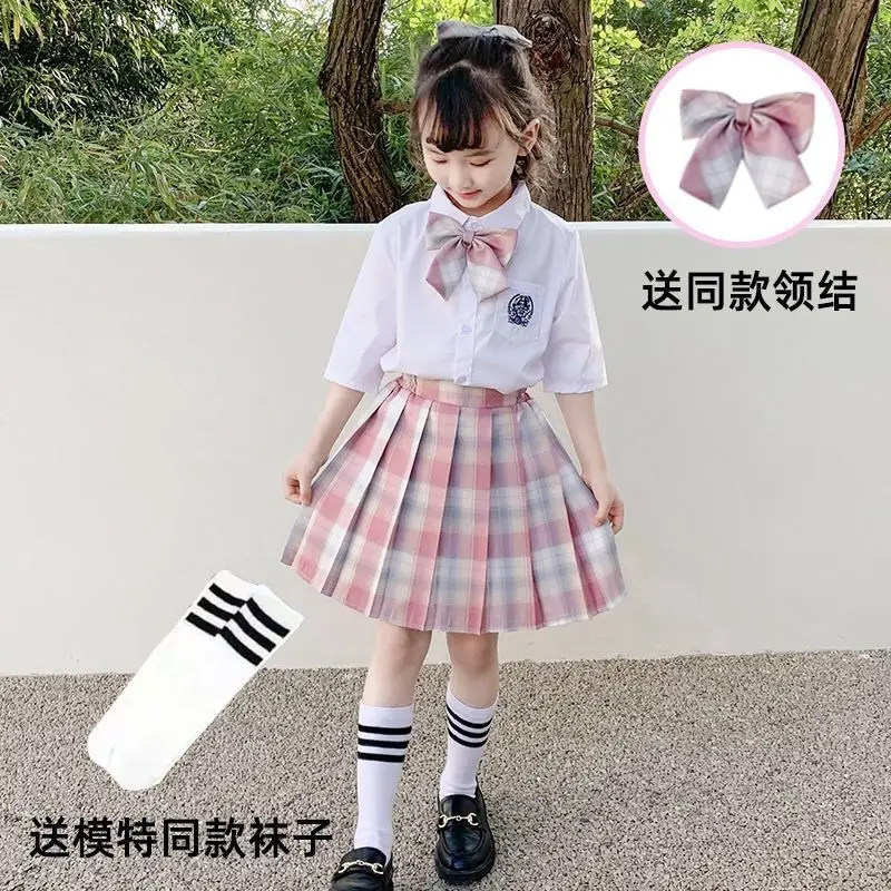 Girls Plaid Skirt Set with Bow & White Socks - Image 8