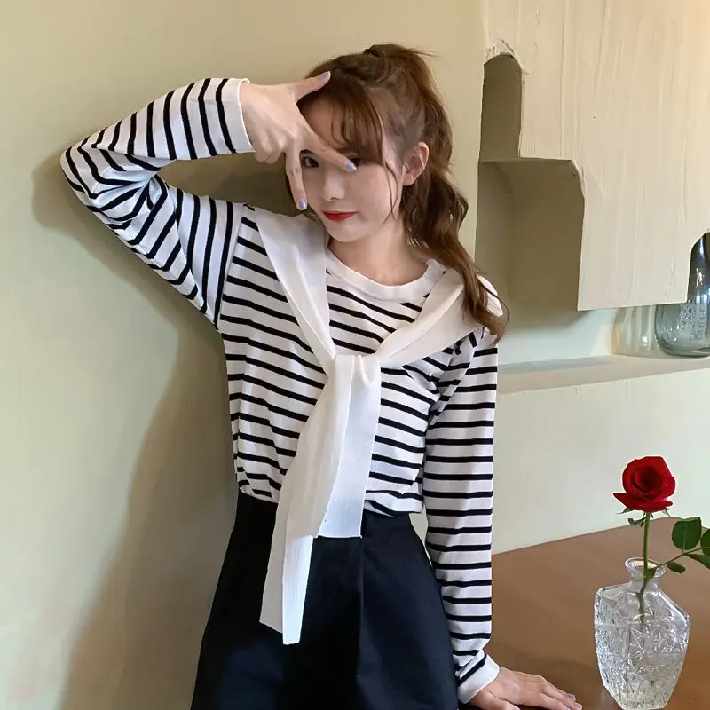 Women Striped Long Sleeve T-Shirt Purple Pink Loose Korean Style - Image 7