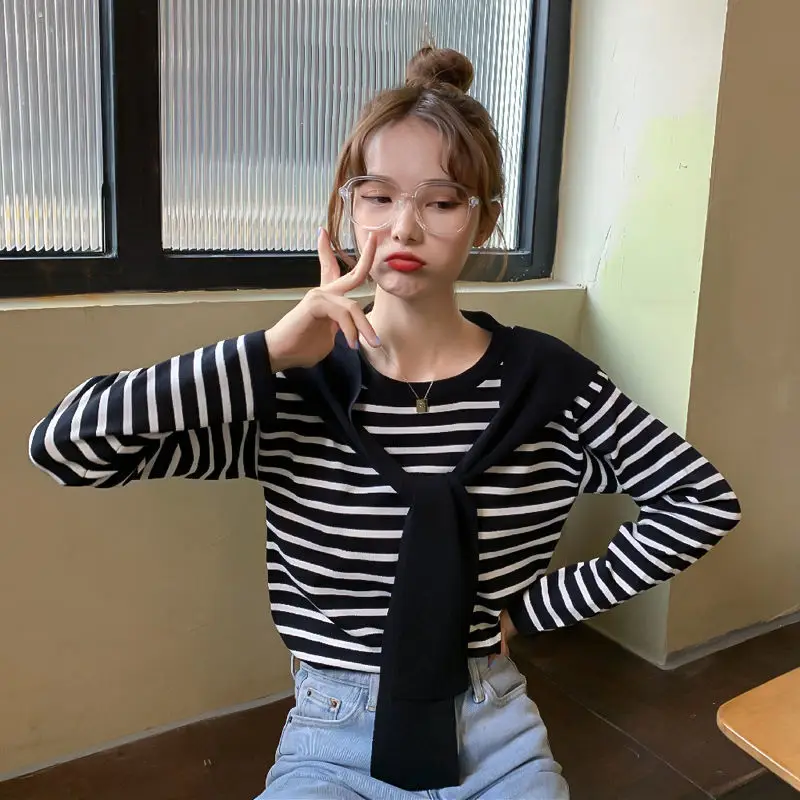 Women Striped Long Sleeve T-Shirt Purple Pink Loose Korean Style - Image 8