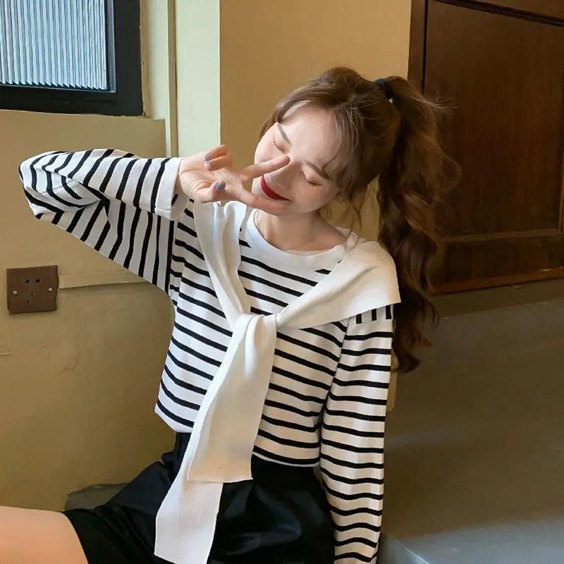 Women Striped Long Sleeve T-Shirt Purple Pink Loose Korean Style — feature 10