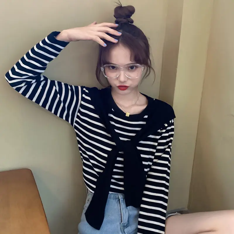 Women Striped Long Sleeve T-Shirt Purple Pink Loose Korean Style — feature 11