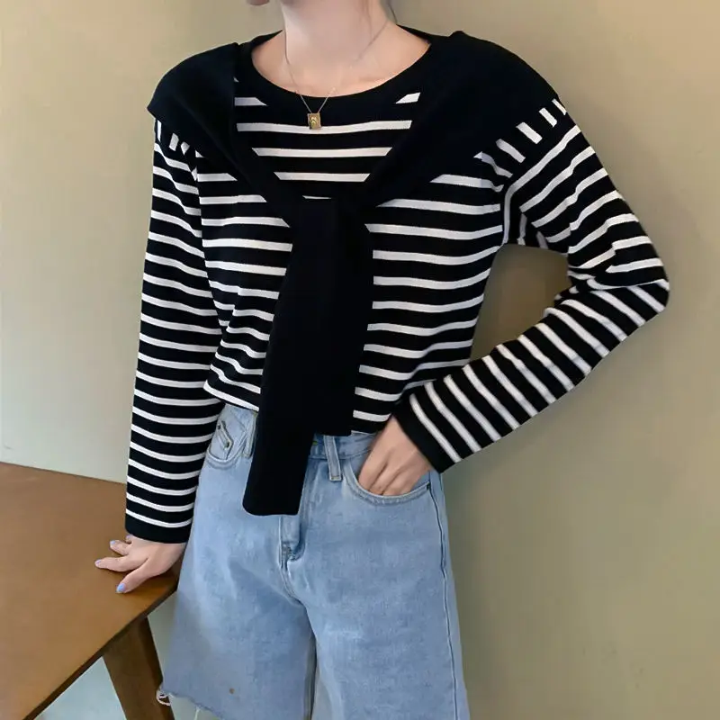 Women Striped Long Sleeve T-Shirt Purple Pink Loose Korean Style — feature 13