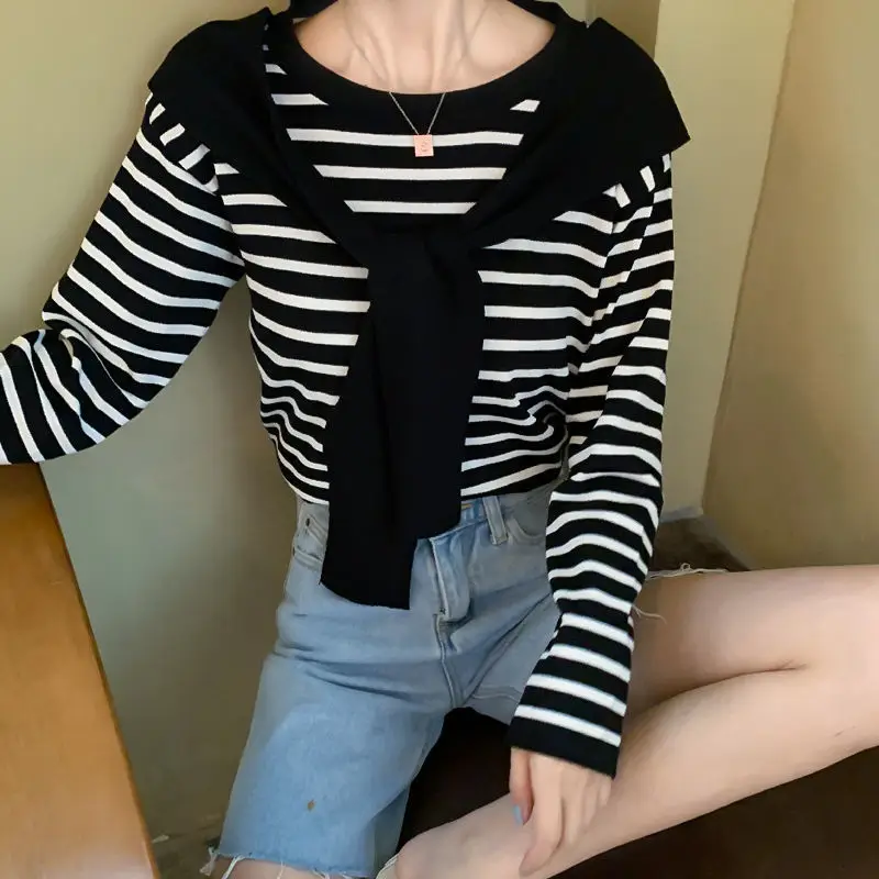 Women Striped Long Sleeve T-Shirt Purple Pink Loose Korean Style — feature 14