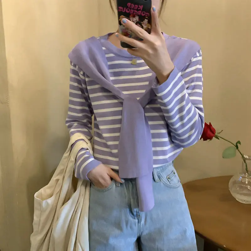 Women Striped Long Sleeve T-Shirt Purple Pink Loose Korean Style — feature 15