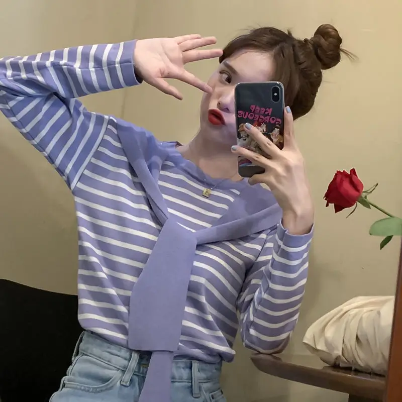 Women Striped Long Sleeve T-Shirt Purple Pink Loose Korean Style — feature 16