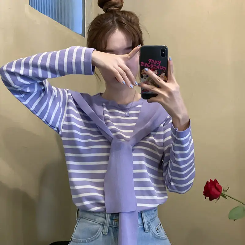 Women Striped Long Sleeve T-Shirt Purple Pink Loose Korean Style — feature 17