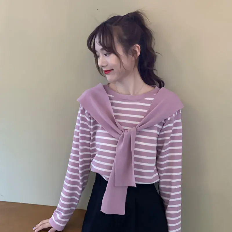 Women Striped Long Sleeve T-Shirt Purple Pink Loose Korean Style — feature 4