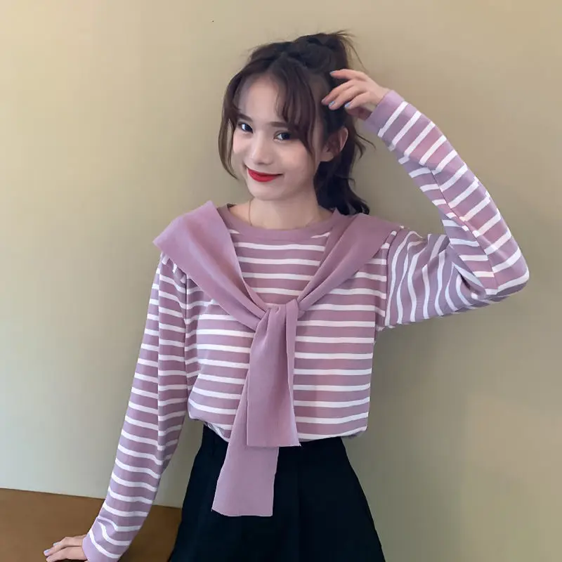 Women Striped Long Sleeve T-Shirt Purple Pink Loose Korean Style — feature 6