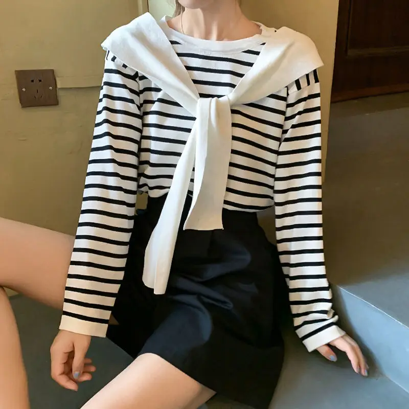 Women Striped Long Sleeve T-Shirt Purple Pink Loose Korean Style — feature 9