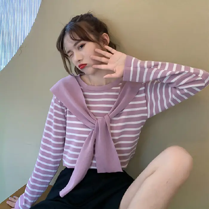 Women Striped Long Sleeve T-Shirt Purple Pink Loose Korean Style - Image 3